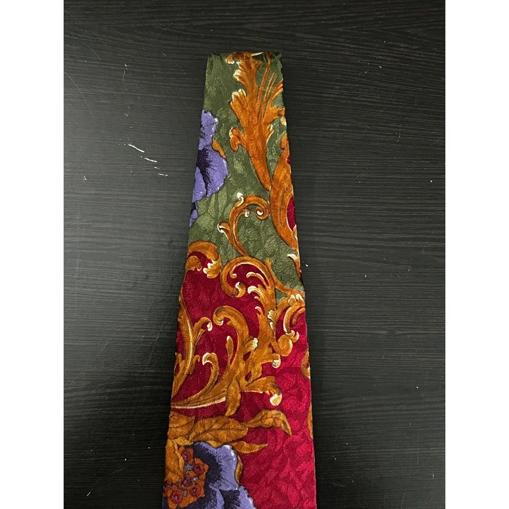 Bugatti‎ Mens Silk Tie Burgundy Green Baroque Floral Italian Jacquard Wide Blade
